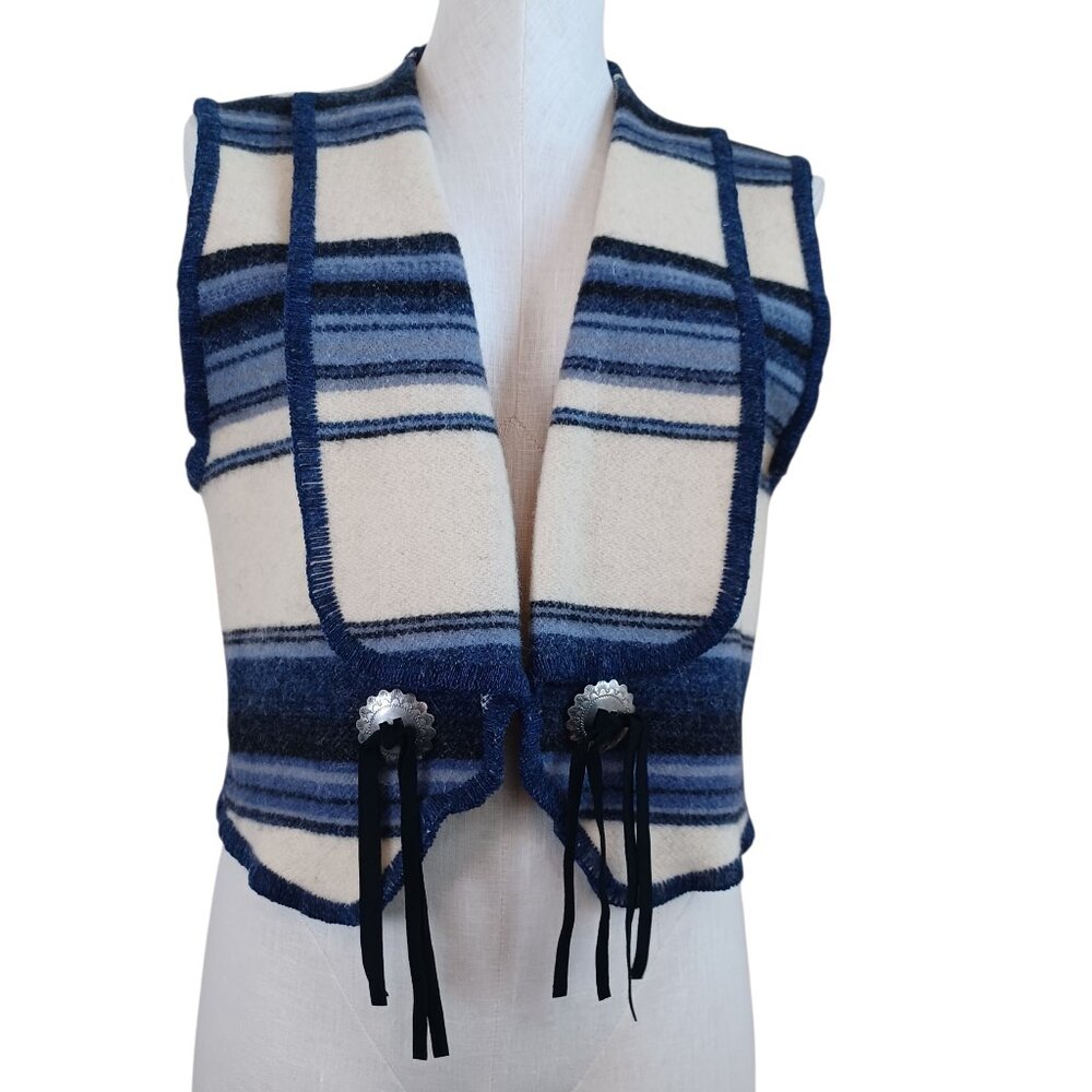 Woolrich Striped Wool Western Vest Blue Cream Concho Fringe Cropped Open Front
